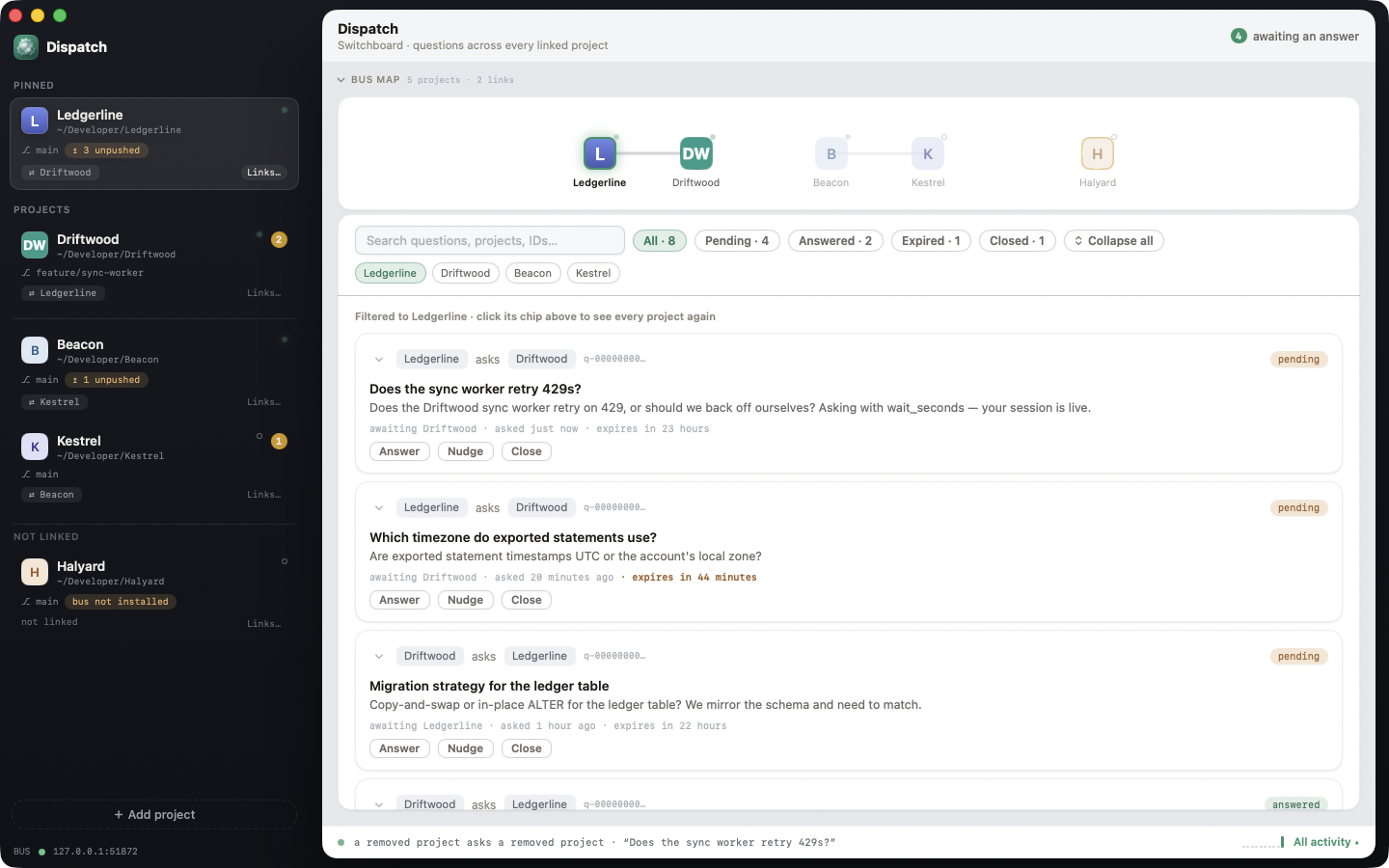Dispatch Messages tab — expanded threads between Ledgerline and Driftwood about a sync worker and exported statement timezones, with the full question and answer text visible