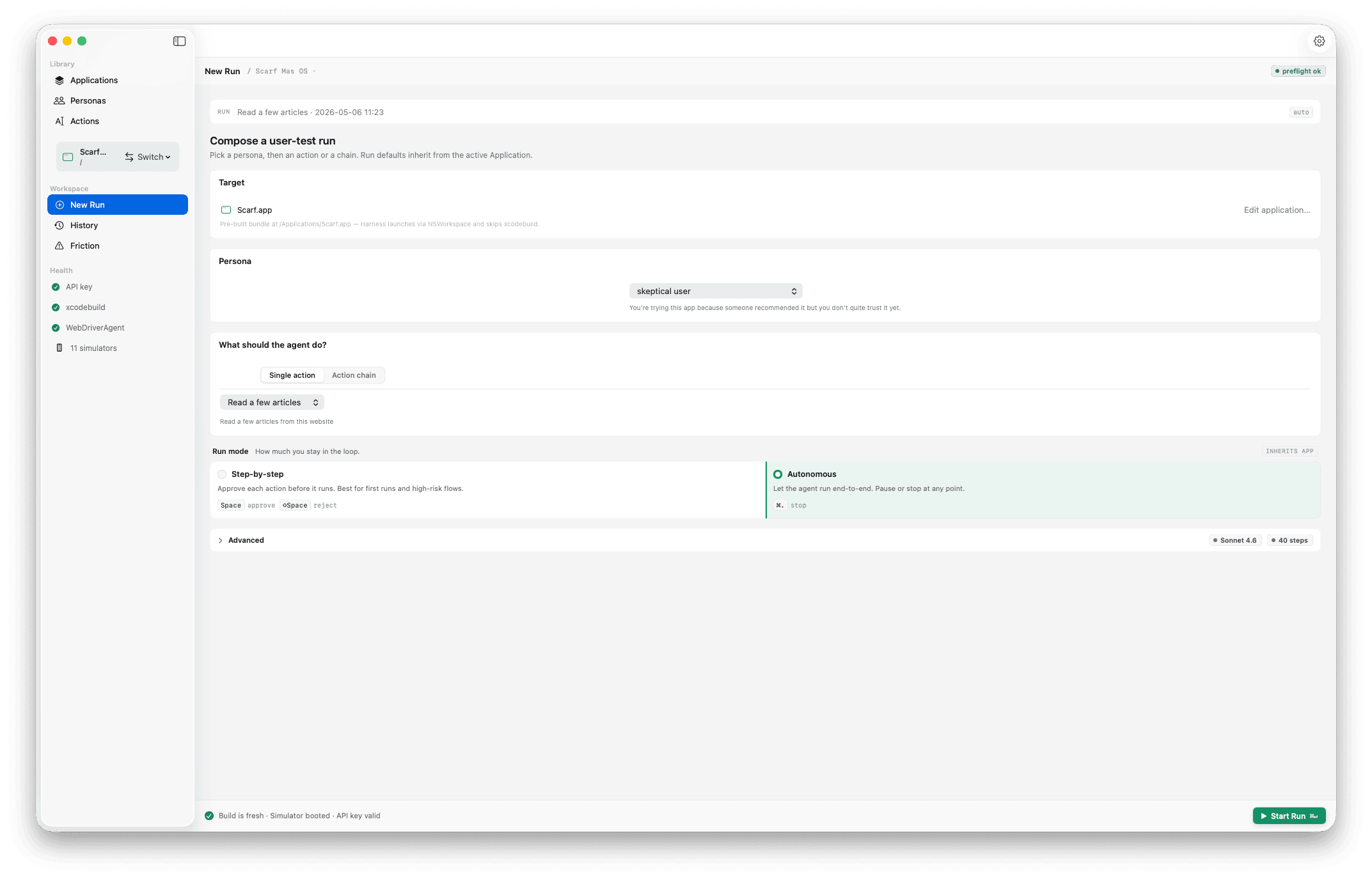 Harness goal-input form — Application picker, Persona dropdown, Goal text area, model and step-budget sliders