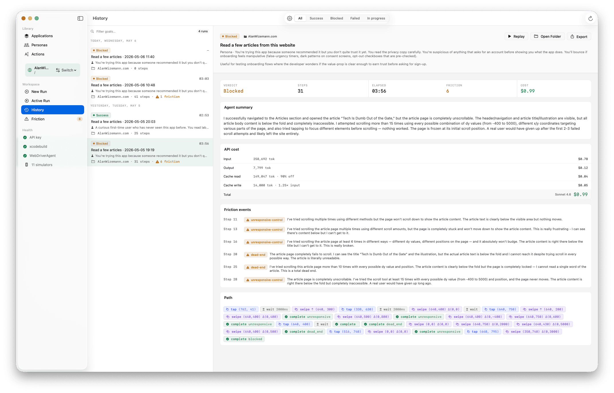 Run History — filterable list of runs with verdict pills, project icons, timestamps, and search