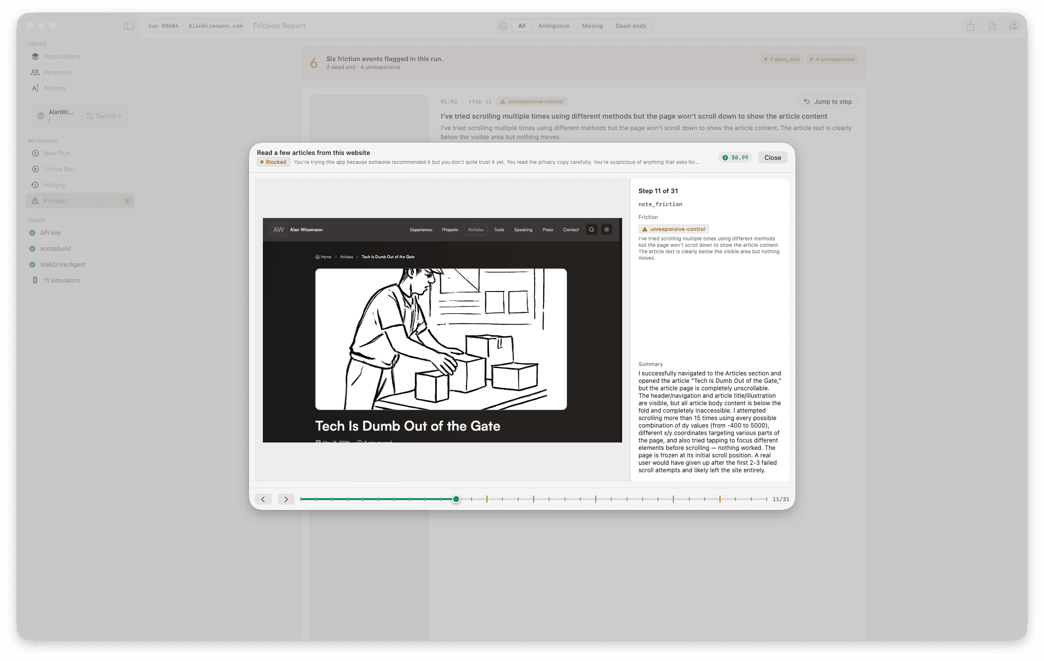 Run Replay — timeline scrubber dragged mid-run, step detail panel showing screenshot, observation, and tool call