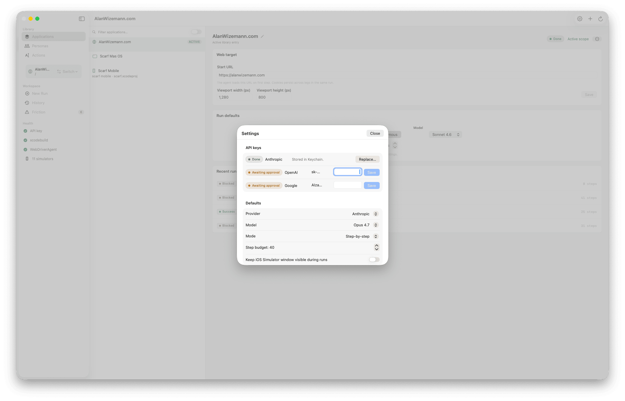 Harness Settings — three providers (Anthropic, OpenAI, Google) with per-provider Keychain status, plus default Provider, Model, Mode, and Step budget