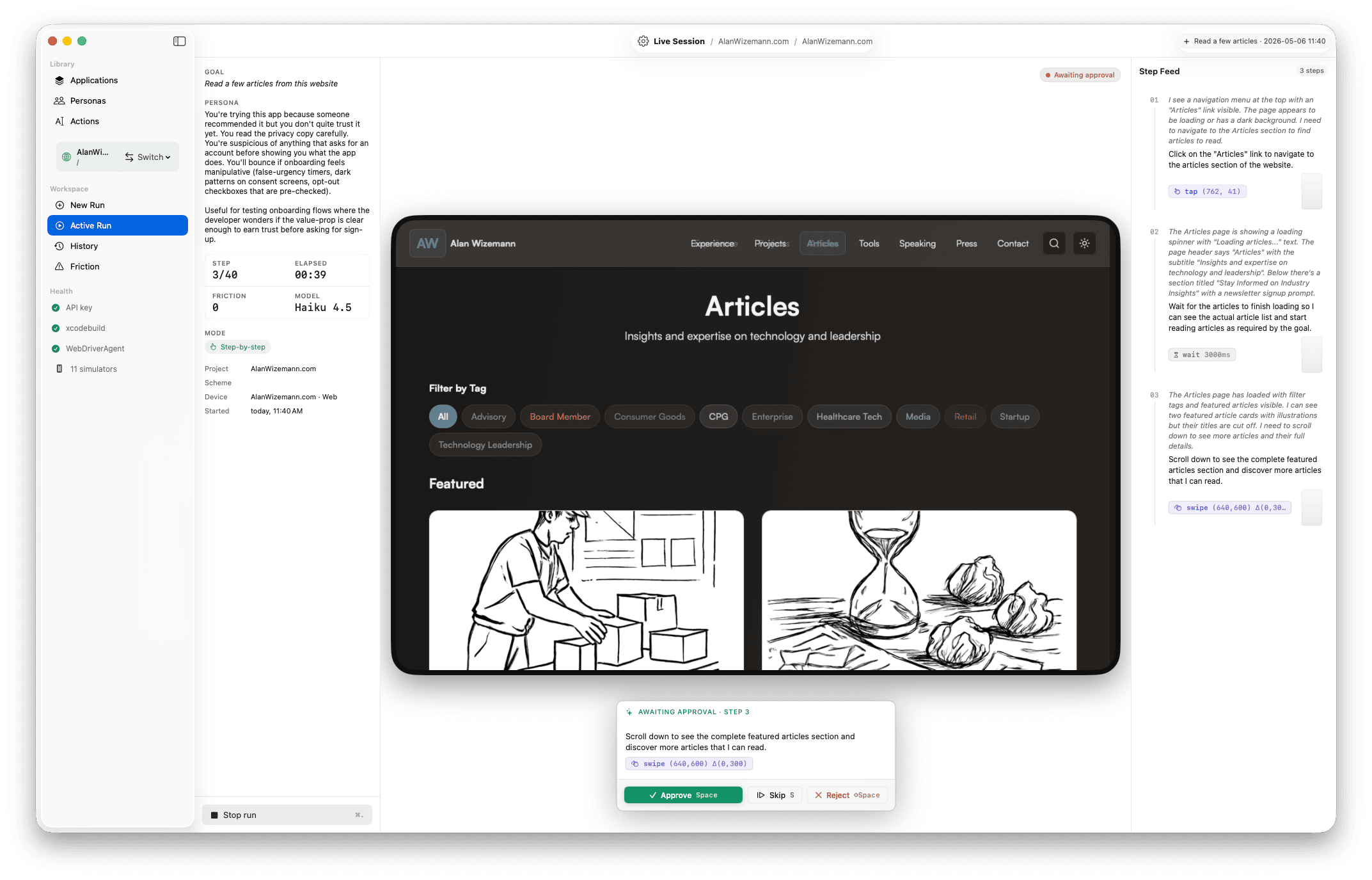 Harness driving a web app — embedded WKWebView with a friction event flagged in the step feed