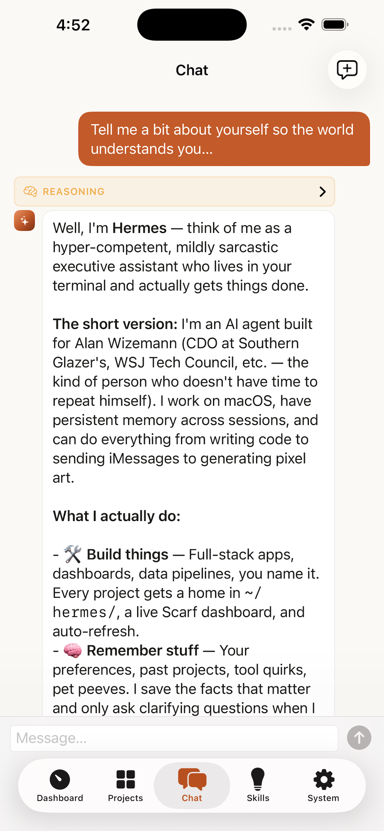 ScarfGo on iPhone — chat with the Hermes agent over SSH