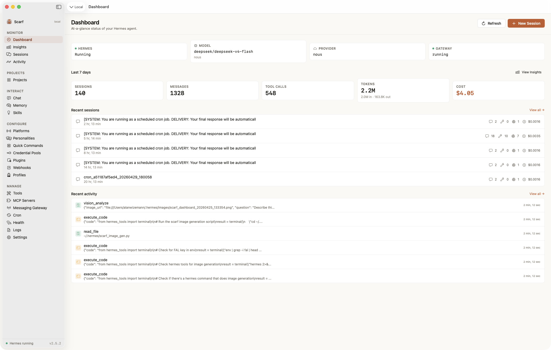 Mac app — dashboard with token usage, recent sessions, and health