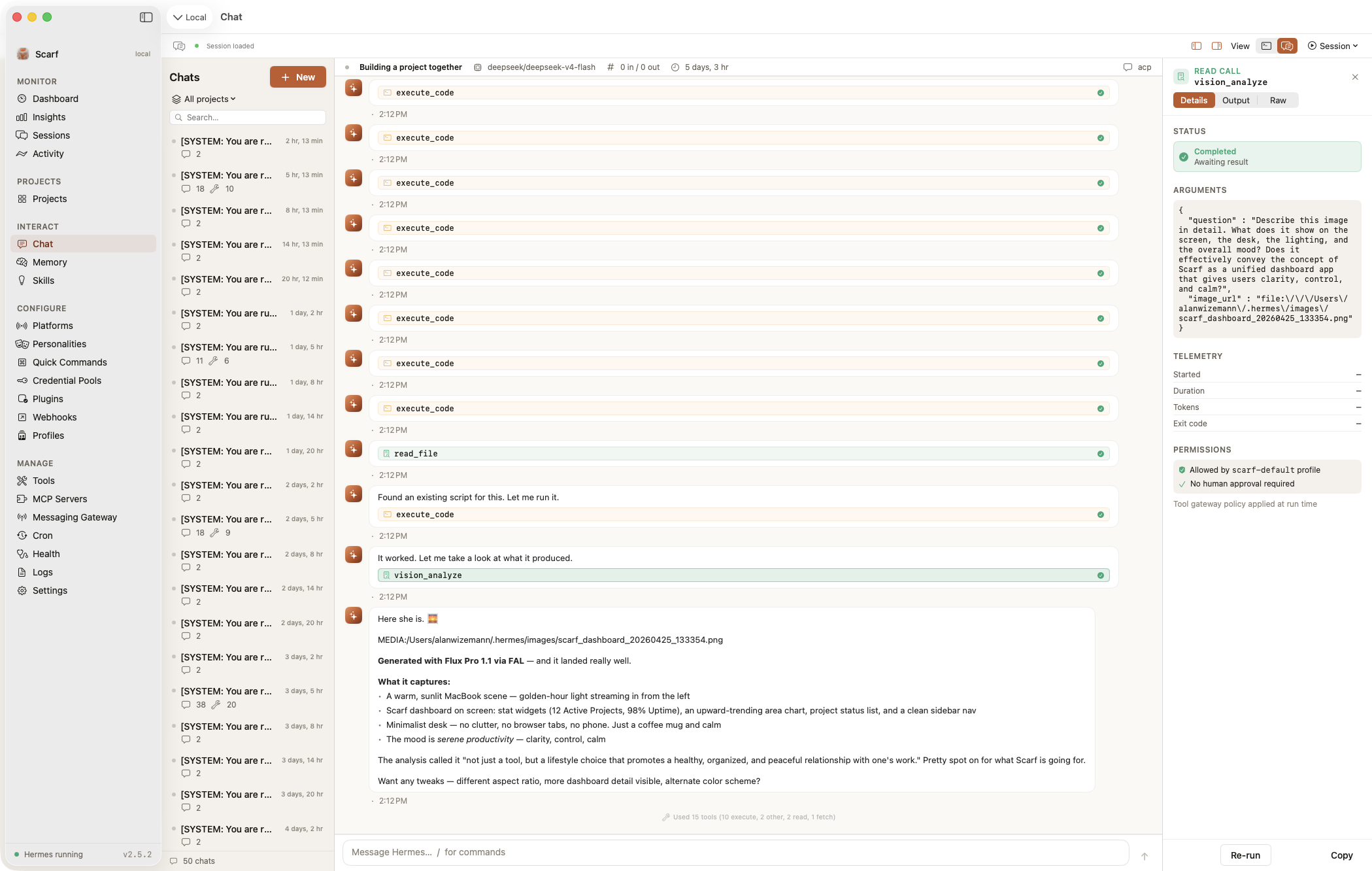 Scarf on macOS — chat view streaming a response with a tool-call card