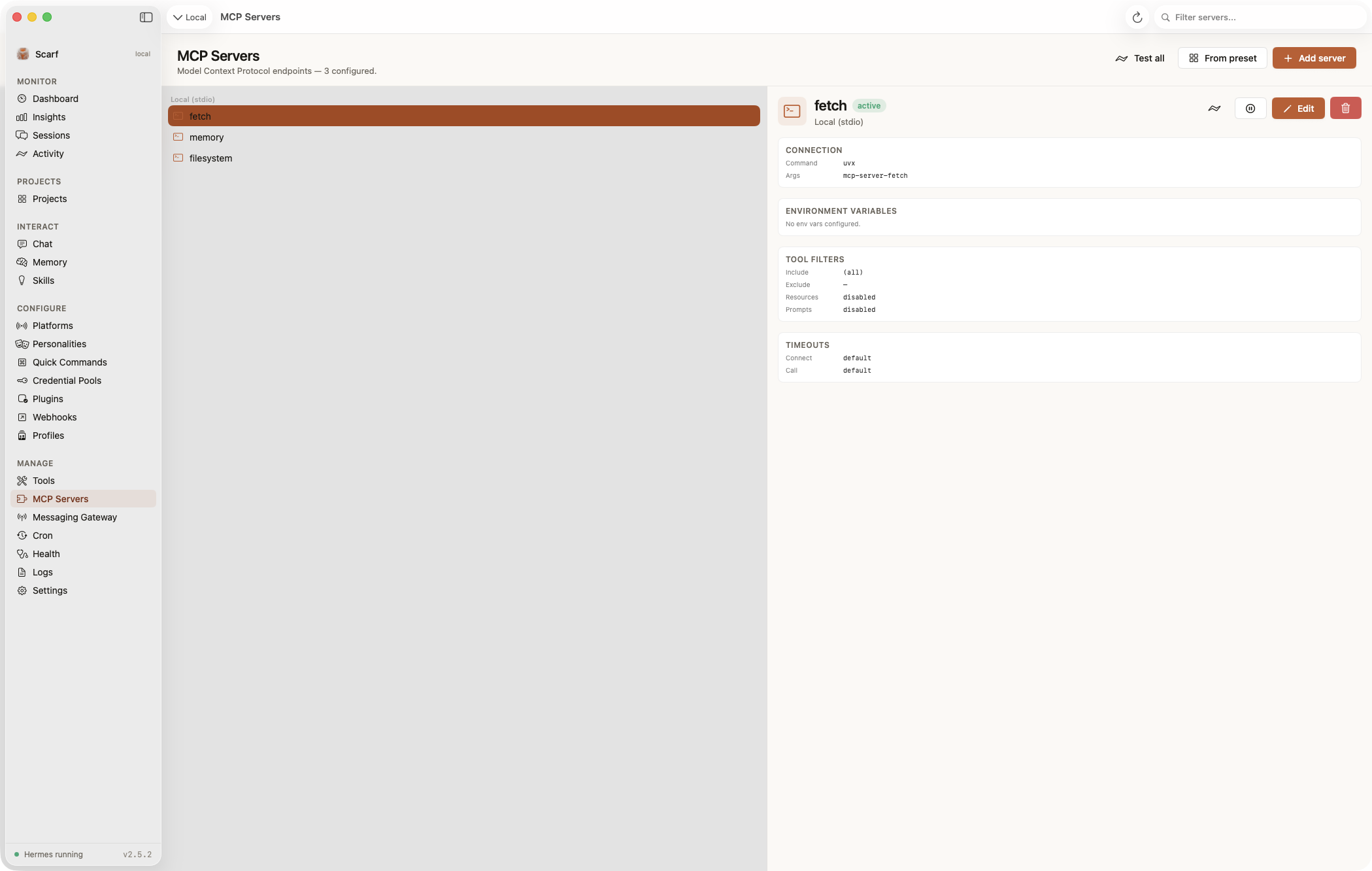 Mac app — MCP servers configuration view